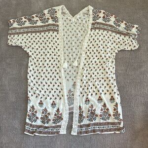 Skylar & Jade Boho Floral Lace Tassel Kimono Size Large White Rust Bohemian